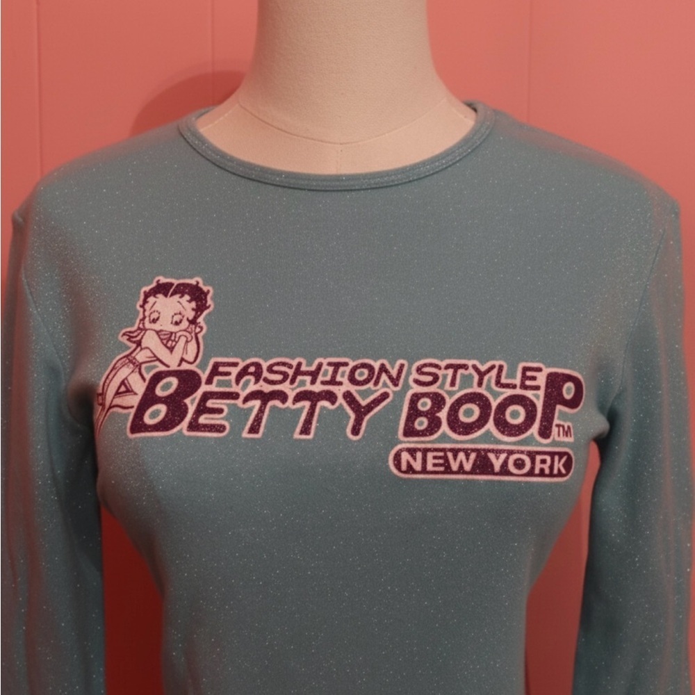 Vintage Betty Boop Women's Blue Long Sleeve Top - Picture 3 of 6
